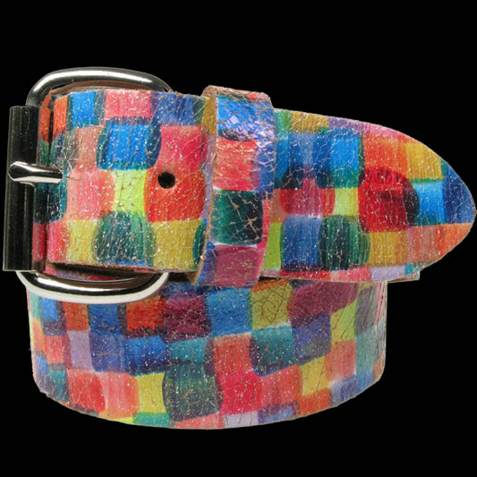 Rainbow Square Style Real Leather Snap On Belt 1.5 inch/38mm - With Buckle