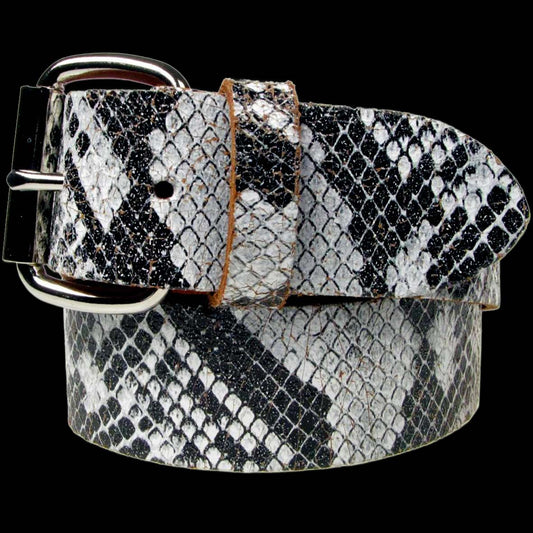 White & Black Snakeskin Style Real Leather Snap On Belt 1.5 inch/38mm - With Buckle