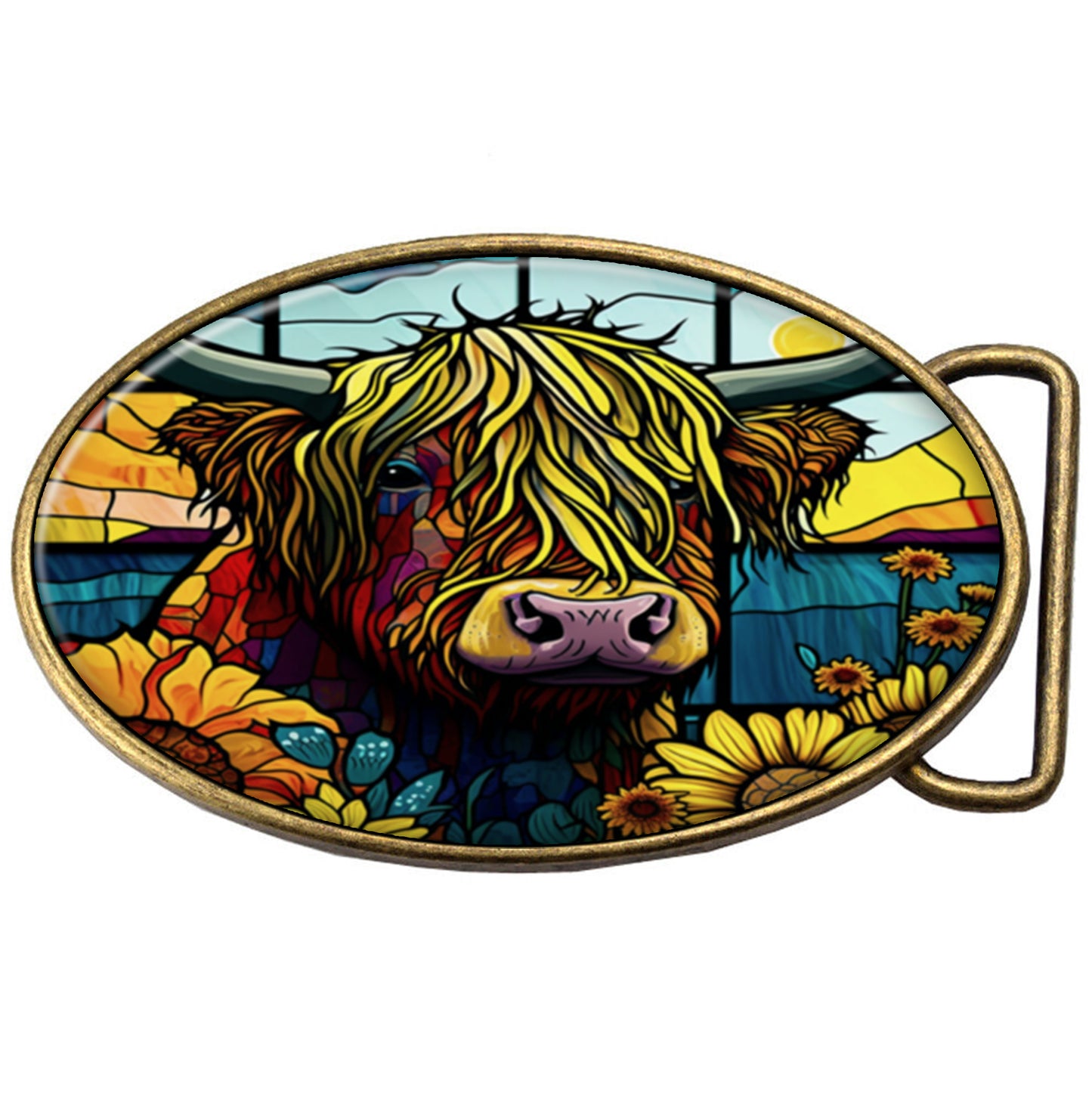 Highland Cow Sunflower, Stained Glass Window Effect - Belt Buckle