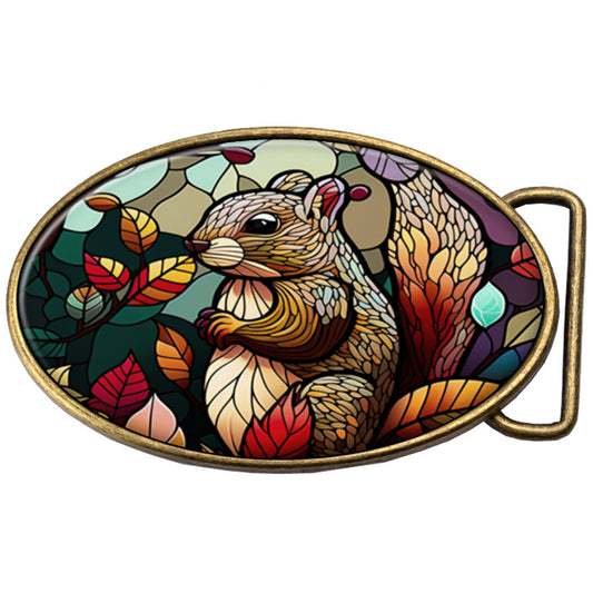 Squirrel in Autumn, Stained Glass Window Effect - Belt Buckle