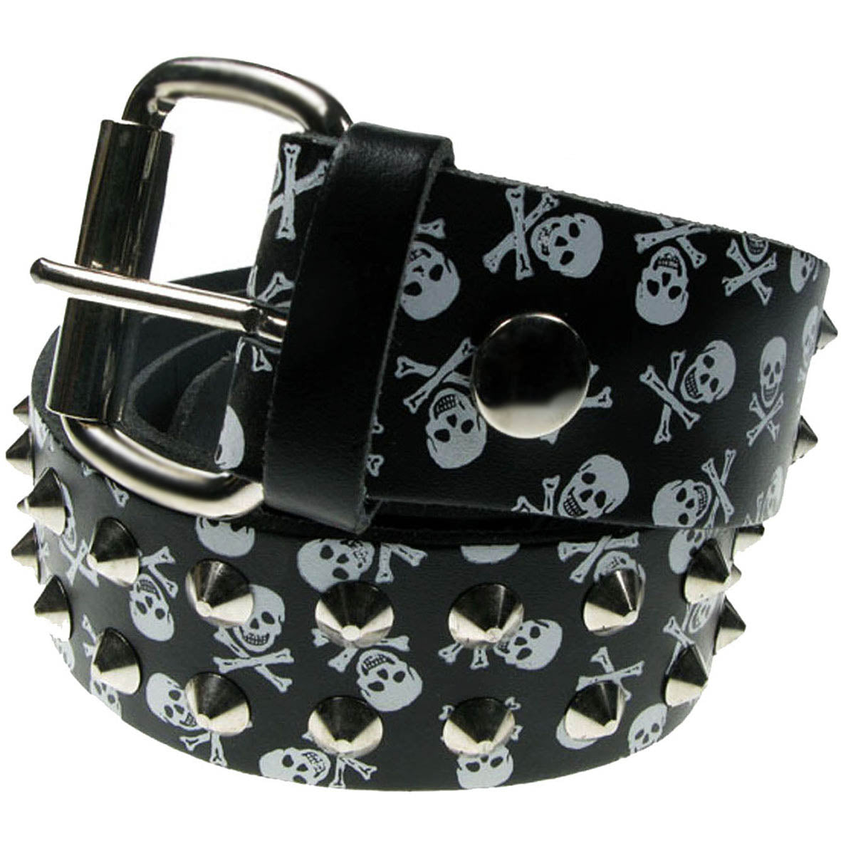 Skull & Crossbones Printed, Studded Black Real Leather Snap On Belt 1.5 inch/38mm - With Buckle