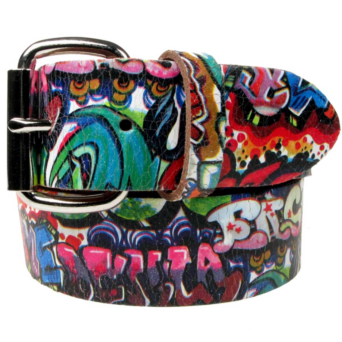 Graffiti Style Real Leather Snap On Belt 1.5 inch/38mm - With Buckle