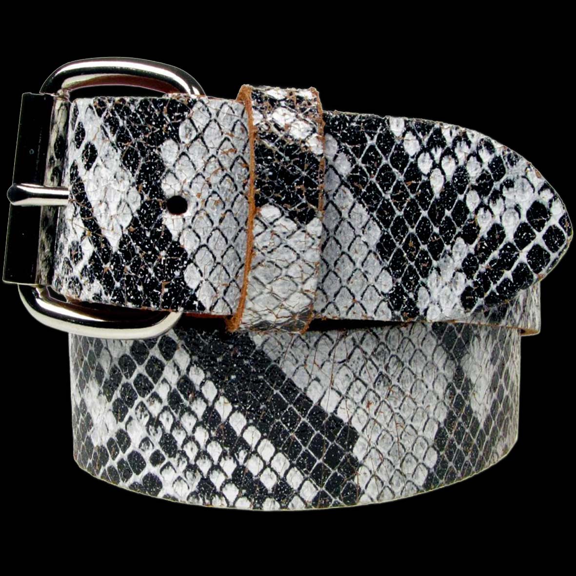 White & Black Snakeskin Style Real Leather Snap On Belt 1.5 inch/38mm - With Buckle